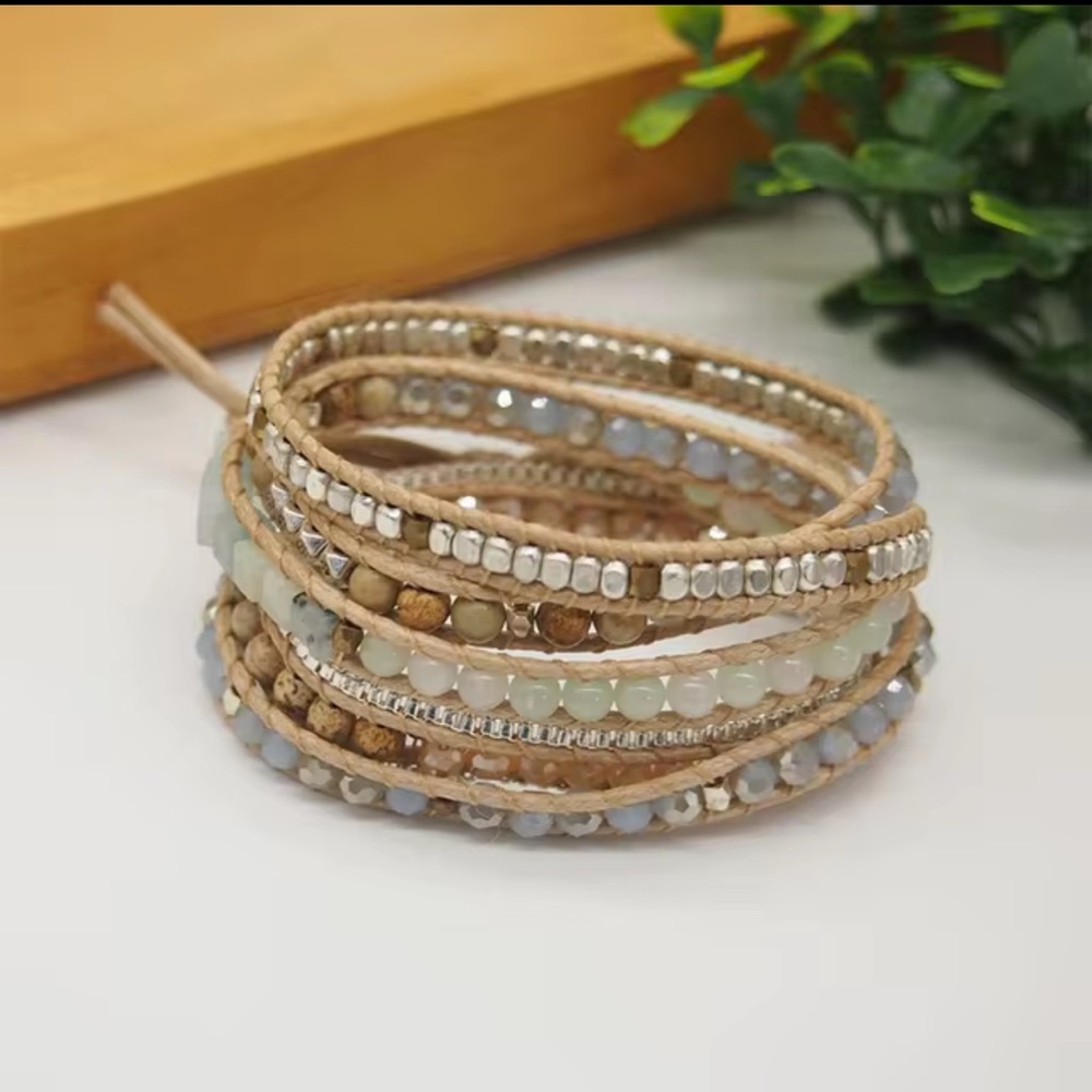 NWOT Handmade Natural Amazonite and Jasper Stone Wrap Boho Bracelet - Picture 2 of 4